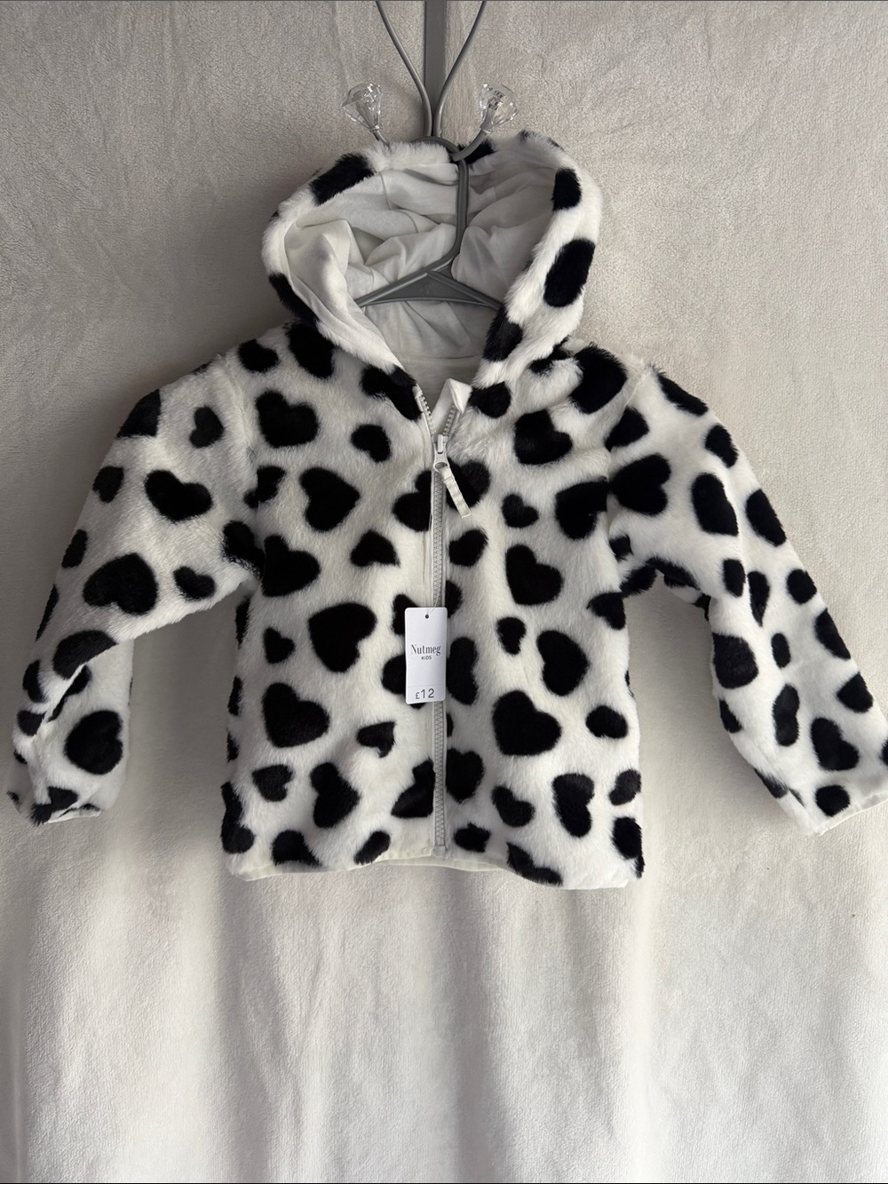 Kids Plush Hooded Zip-Up Jacket with Black Heart Print - White